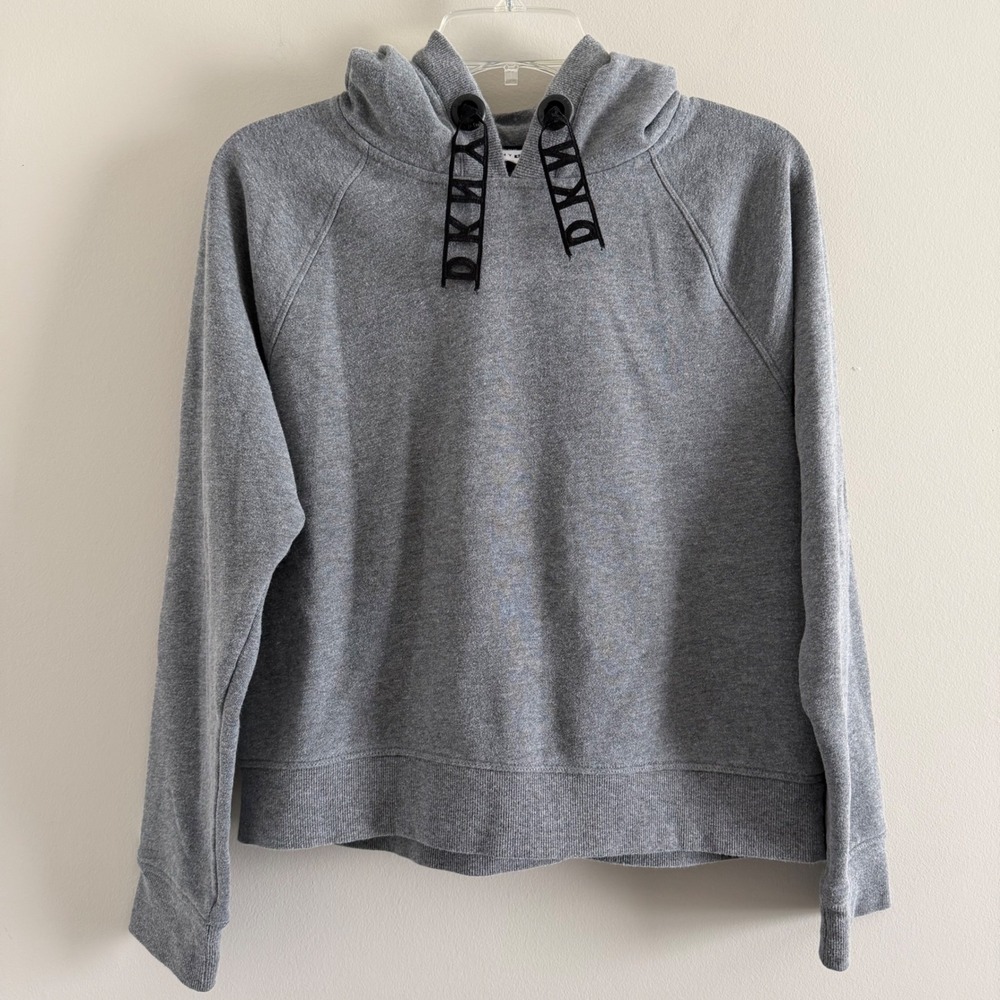 DKNY Sport Womens Grey Heather Drawstring Athleisure Pullover Hoodie Sz Small